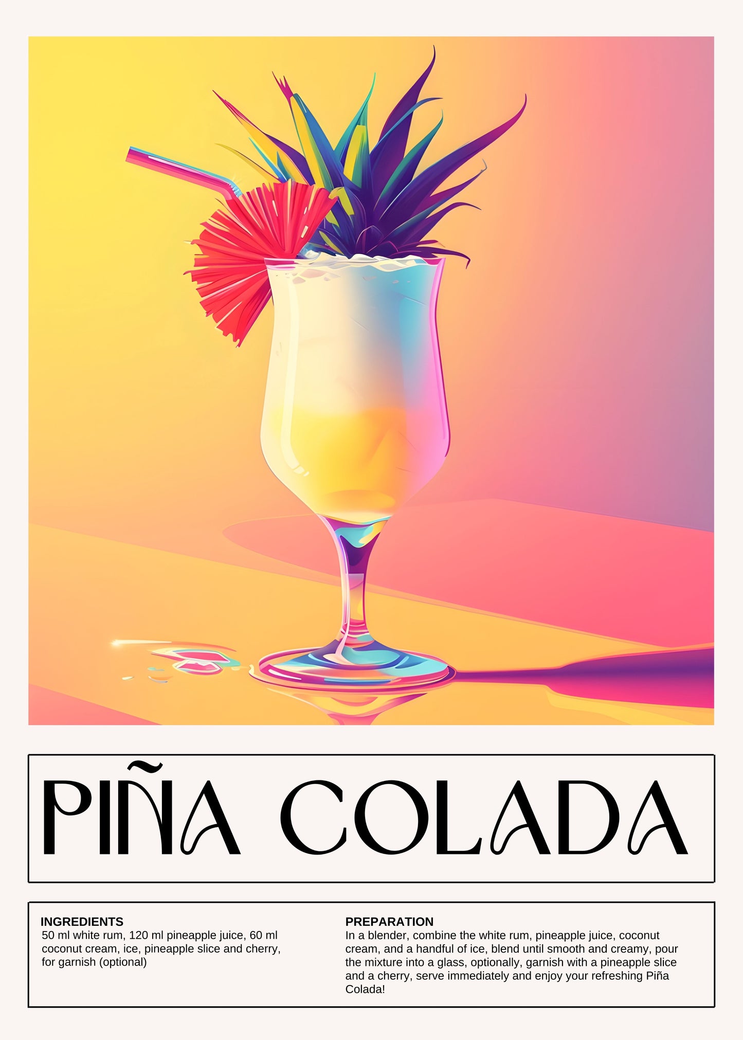 Colorful Pina Colada illustration with ingredients and preparation text on a gradient background