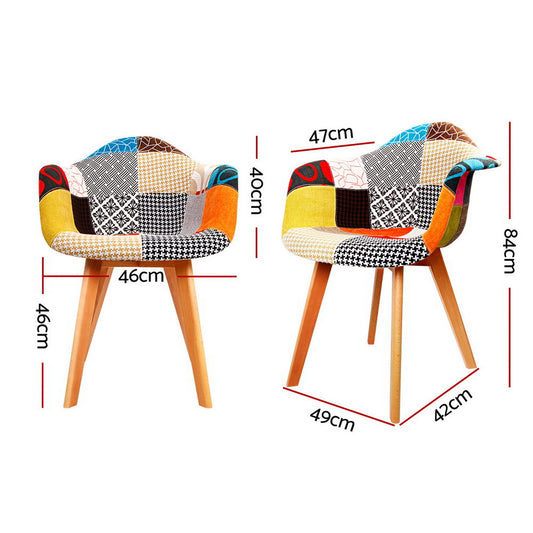 Pair of retro-style dining chairs with vibrant patchwork velvet upholstery, curved armrests, and beech wood legs, shown with .