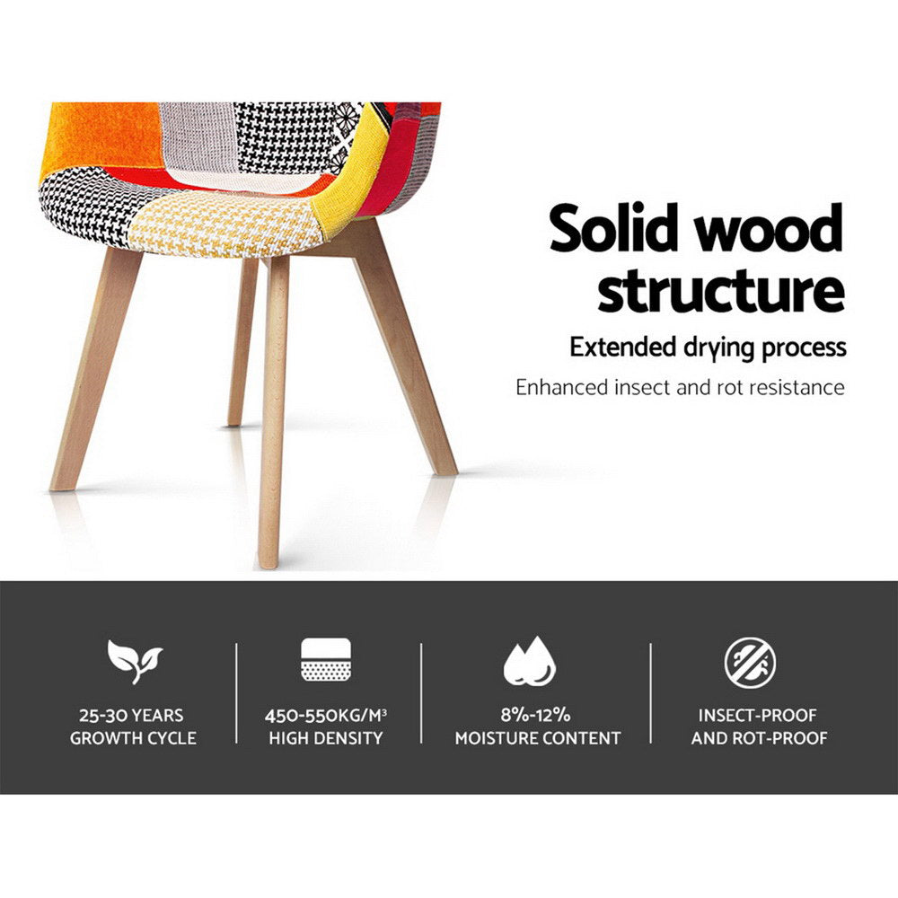 Set of 4 retro dining chairs with vibrant patchwork velvet upholstery and solid beech wood legs in a modern home decor.