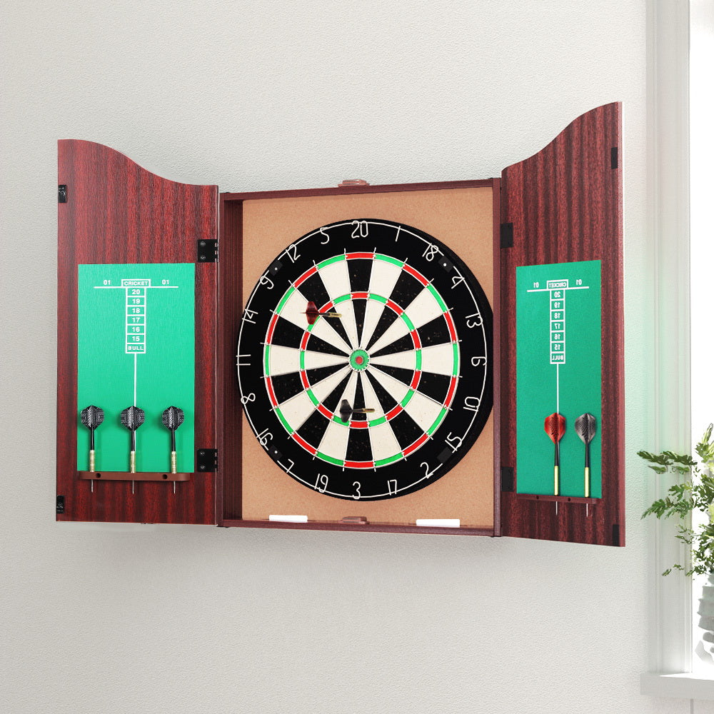18 Dartboard Dart Board with Steel Darts Wooden Cabinet Party Game"