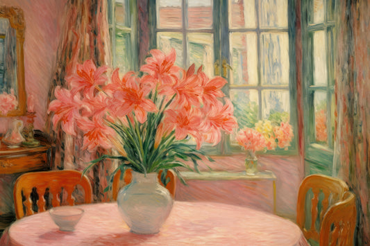 Painting of a room with pink flowers in a vase on a table, large windows, and furniture.