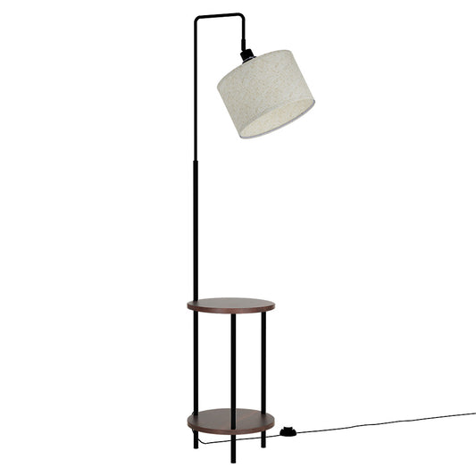 RetroRewind floor lamp with two-tier wooden shelves, black metal frame, and adjustable beige fabric shade, perfect for.