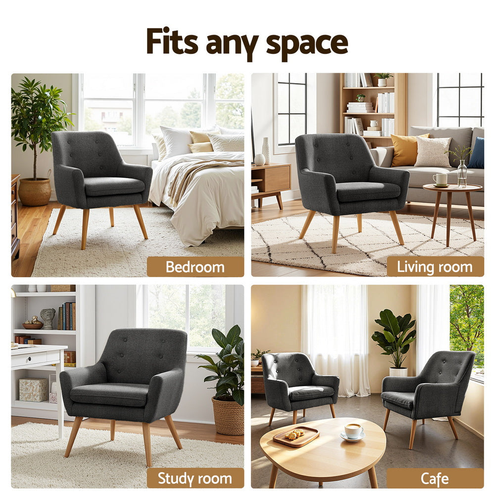 Two charcoal velvet vintage-style armchairs with tapered wooden legs, shown in bright, airy bedroom, living room, study, and .