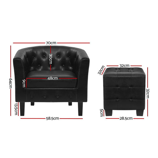 Black tufted armchair and ottoman with dimensions on a white background