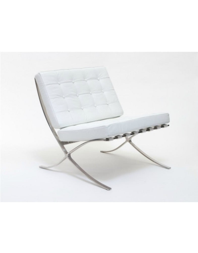 White Barcelona chair with tufted velvet upholstery and sleek stainless steel frame, mid-century modern style for stylish.