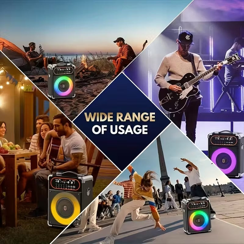 Wireless karaoke machine with retro vintage design, velvet texture, and colorful LED lights shown in diverse settings.