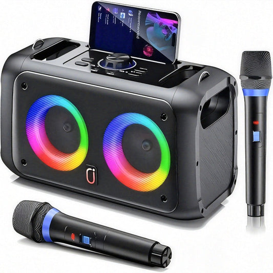 Portable karaoke speaker with vibrant RGB ring lights, matte black finish, and 2 wireless microphones with blue accents, set .