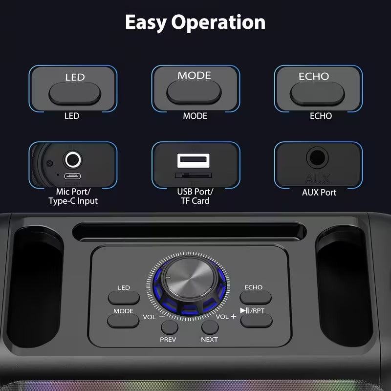 Top view of a retro-style portable karaoke speaker control panel with velvet-textured buttons and a central rotary volume.