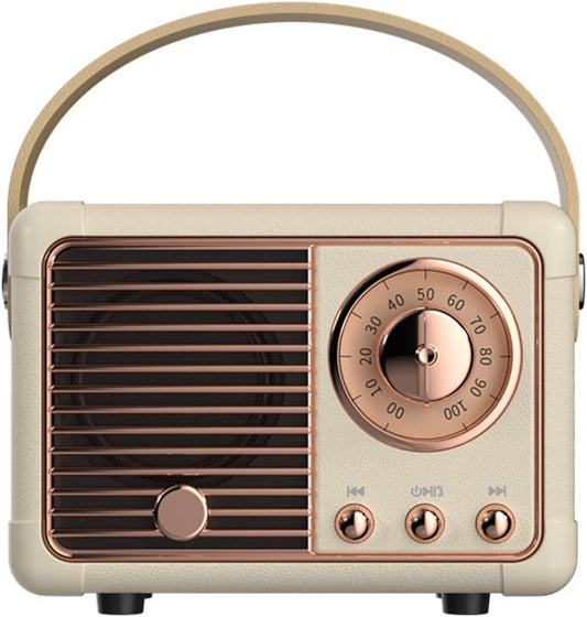 Vintage-style radio with beige and rose gold design on a white background