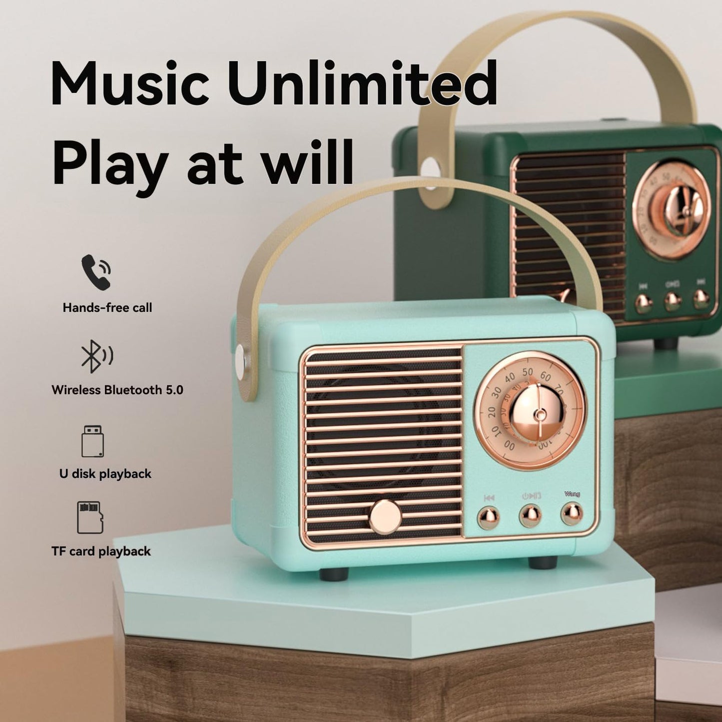 Vintage-style radio with teal and gold design, featuring text 'Music Unlimited Play at will' and icons for features like hands-free call and Bluetooth.