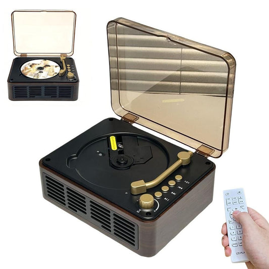 Vintage-style record player with open lid, remote control, and record on a white background