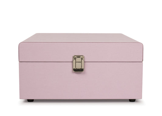 "Crosley Voyager Amethyst portable turntable closed with latch in pink"