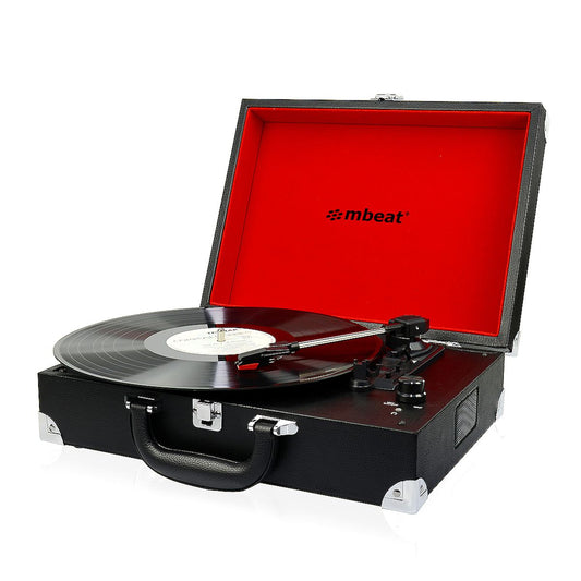 Retro black briefcase turntable with red velvet interior, vinyl record spinning, silver hardware, portable vintage style for .