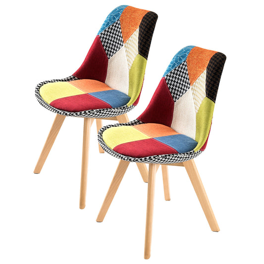 Set of 2 retro dining chairs with multi-colour velvet patchwork seats and light wooden legs, mid-century modern style.