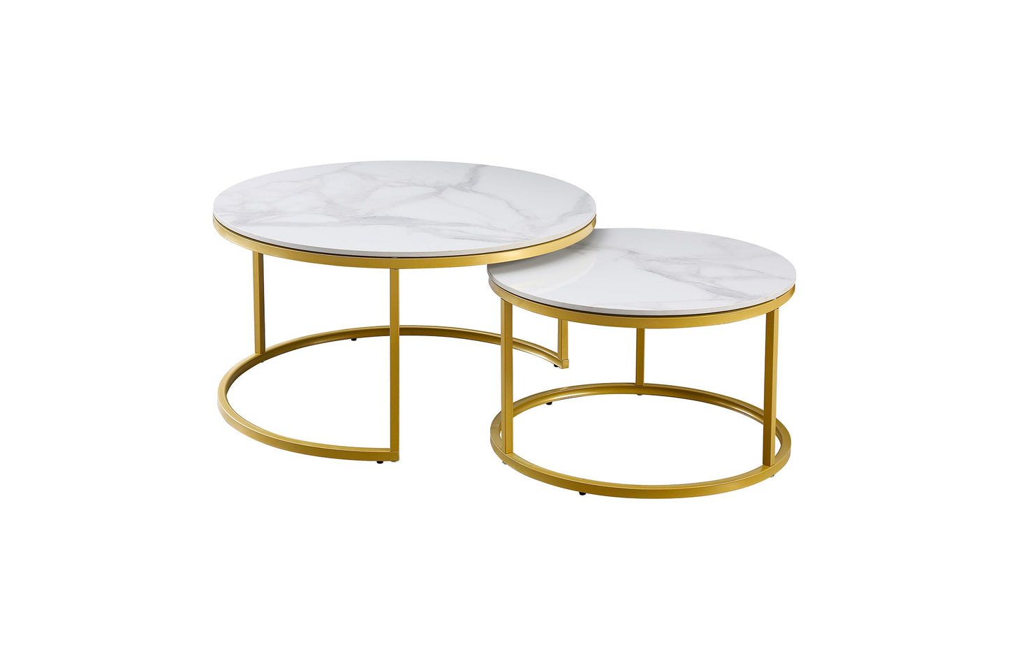 Nesting coffee tables set with white marble tops and champagne gold metal frames, retro vintage style for home decor.