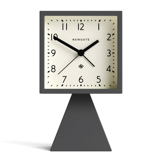 Retro Newgate Brian alarm clock in blizzard grey with square face, black hands, and triangular base, vintage style for.