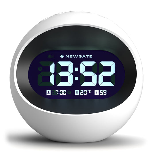 Round white retro Newgate Centre Of The Earth LCD alarm clock with digital time display and black screen, stylish vintage.
