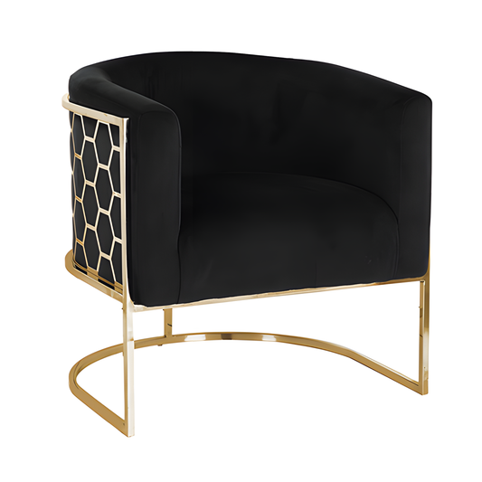 Vintage black velvet armchair with curved backrest and gold geometric metal frame, retro home decor from Australia,.