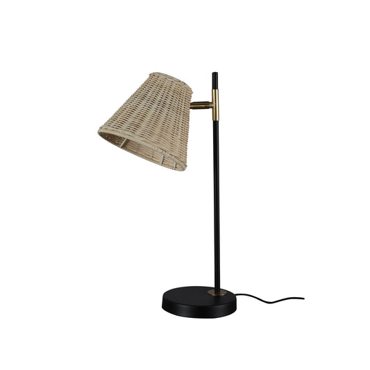 Retro black metal table lamp with angled natural rattan shade, velvet-wrapped adjustable arm, Australian vintage home decor.