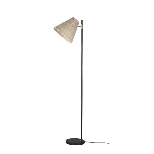 Slim black metal floor lamp with a beige woven rattan shade angled downward, retro vintage style for Australian home decor.