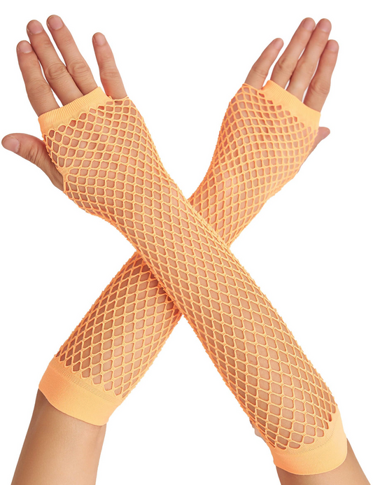 Orange Fishnet Gloves 12 Pack - Long Elbow Length 70s 80s Costume Party Gloves