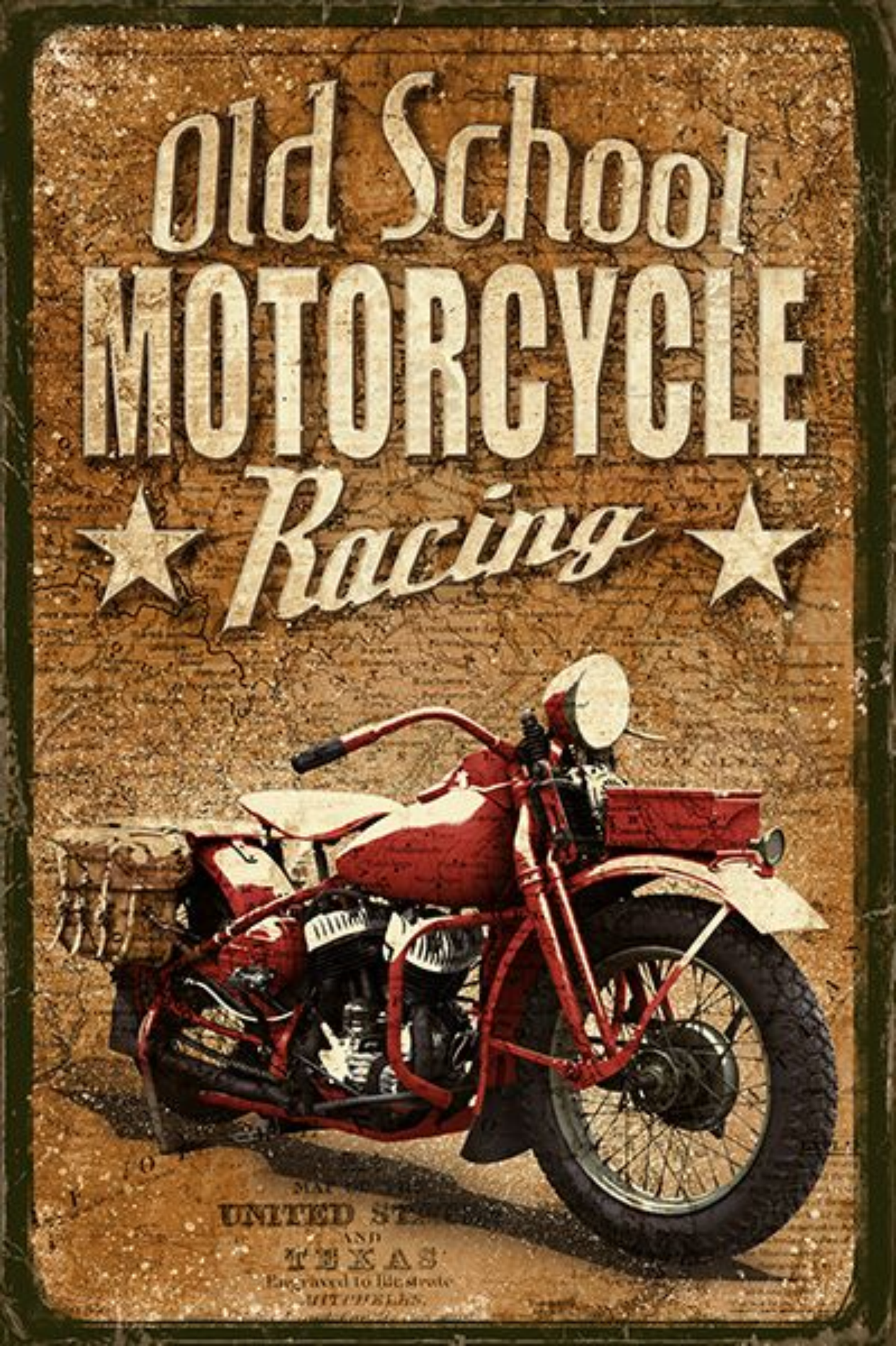 Vintage-style sign with red motorcycle and text 'Old School Motorcycle Racing' on a brown background.