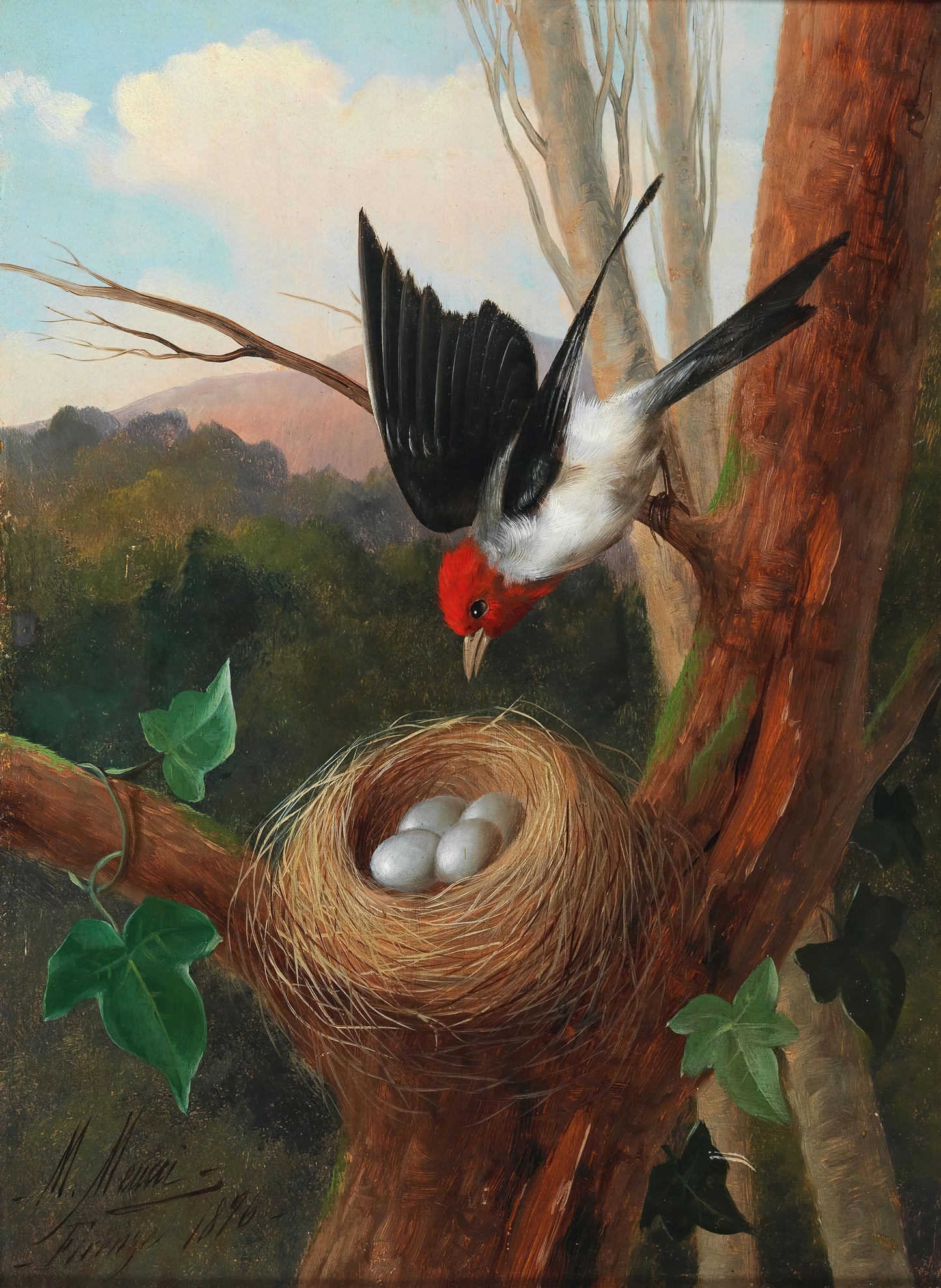 Painting of a bird perched on a branch near a nest with eggs, set against a natural landscape.