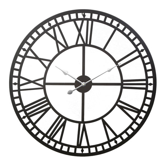 Large 80cm black metal wall clock with vintage Roman numerals, retro style for home decor.