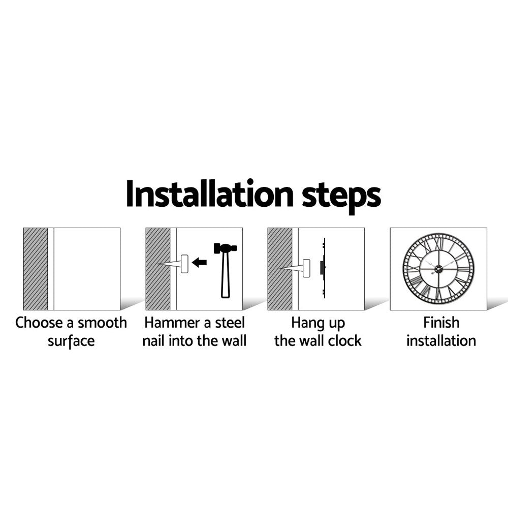 Step-by-step installation guide for large 80cm black metal wall clock with Roman numerals, shown with hammer and steel nail.
