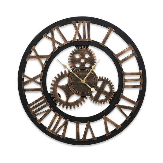 Large 80cm retro wall clock with vintage bronze Roman numerals and central gear design, black frame, perfect for Australian.