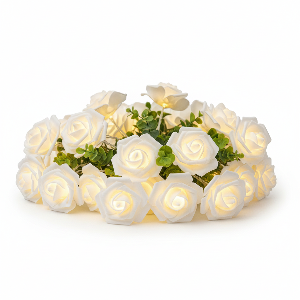 Coiled 5-meter string of 50 white velvet rose fairy lights with green leaves, soft warm glow, retro vintage style for.