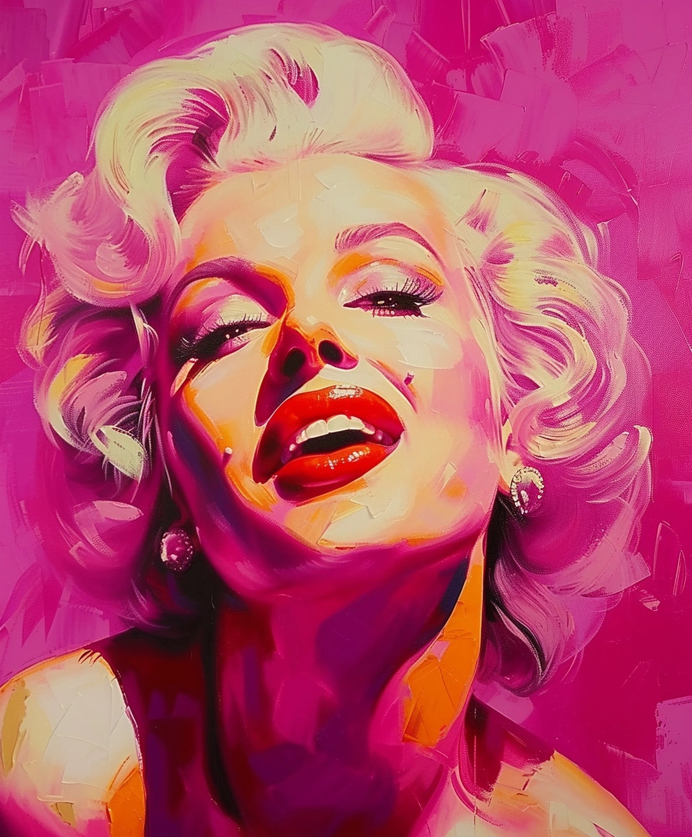 Artistic depiction of a famous actress with vibrant colors on a pink background