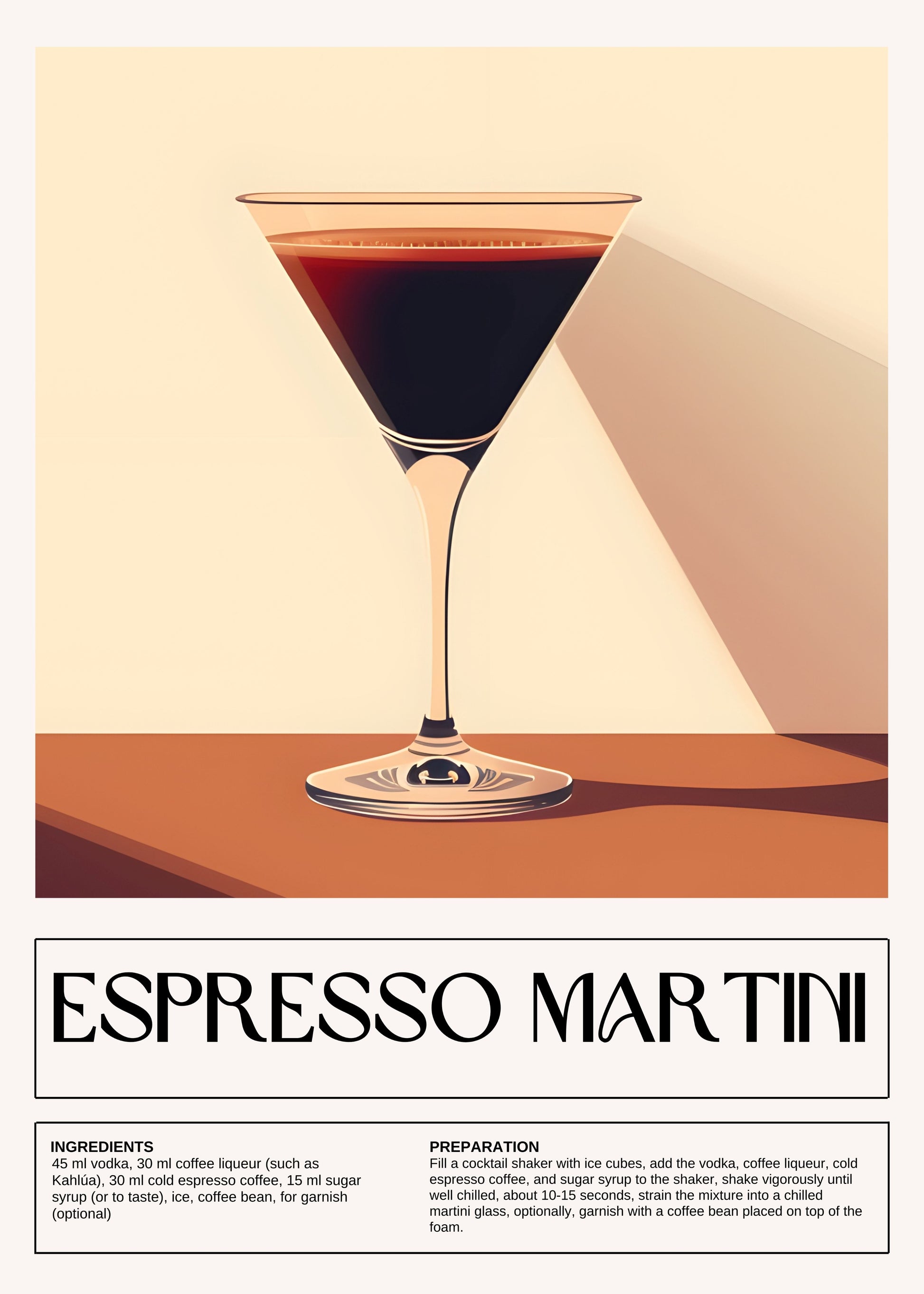 Espresso Martini cocktail in a glass with a beige background