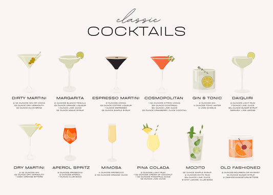 Illustrations of various cocktails with names on a white background