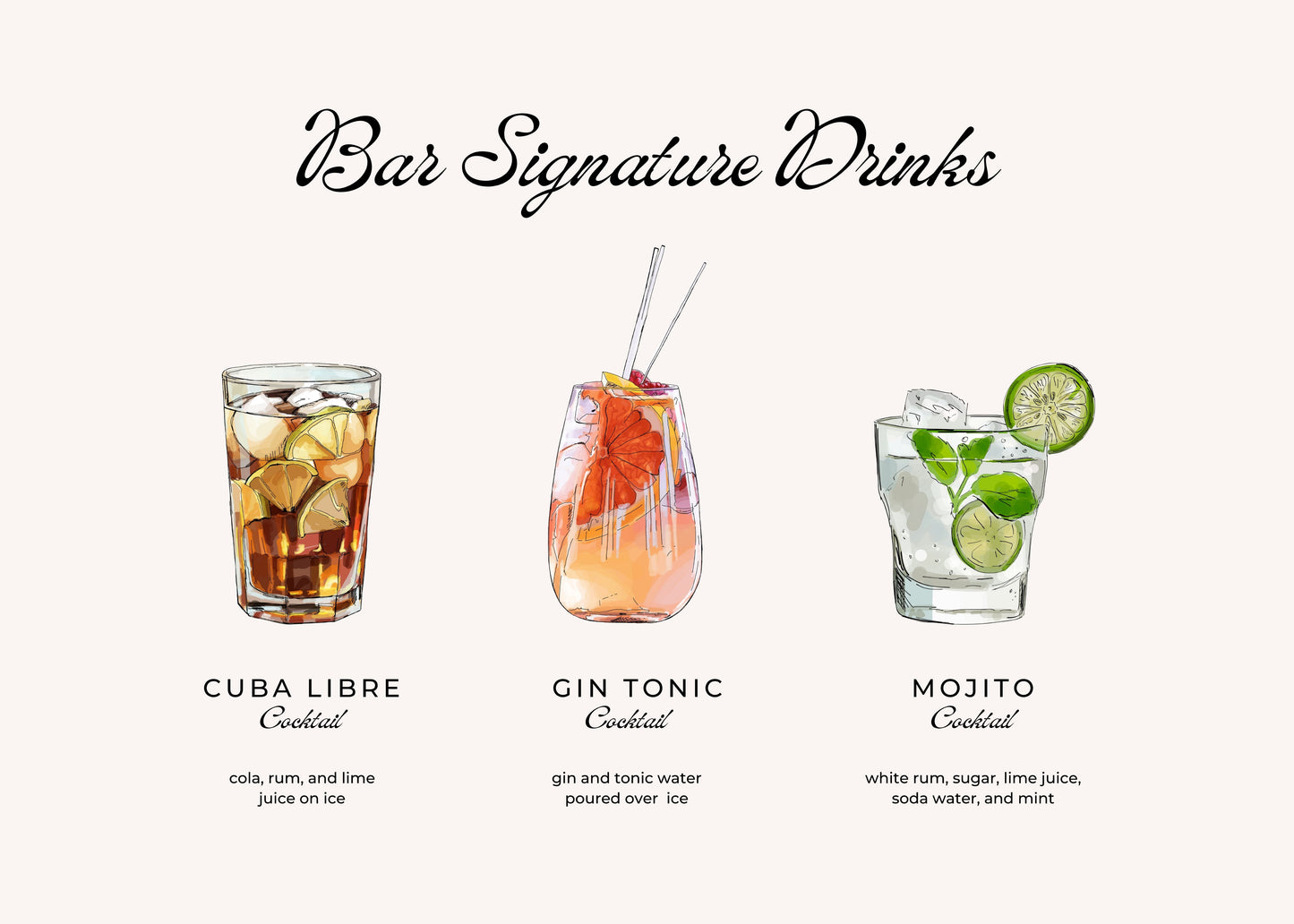 Three cocktails with garnishes and a list of ingredients on a white background.