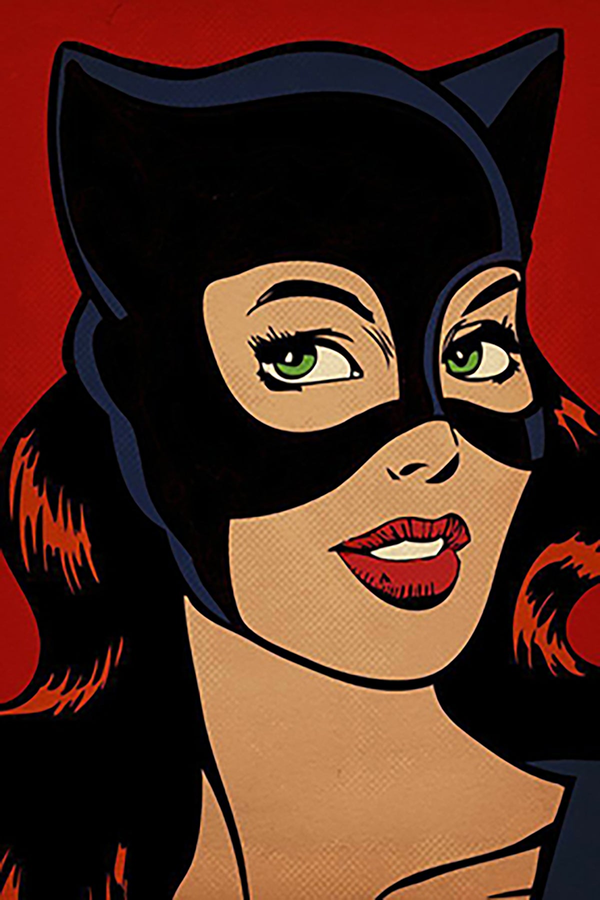 Cartoon character with a black mask and red accents on a red background