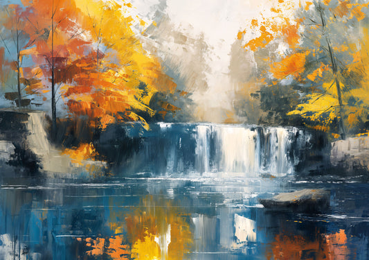 Abstract painting of a landscape with trees, water, and autumn colors.