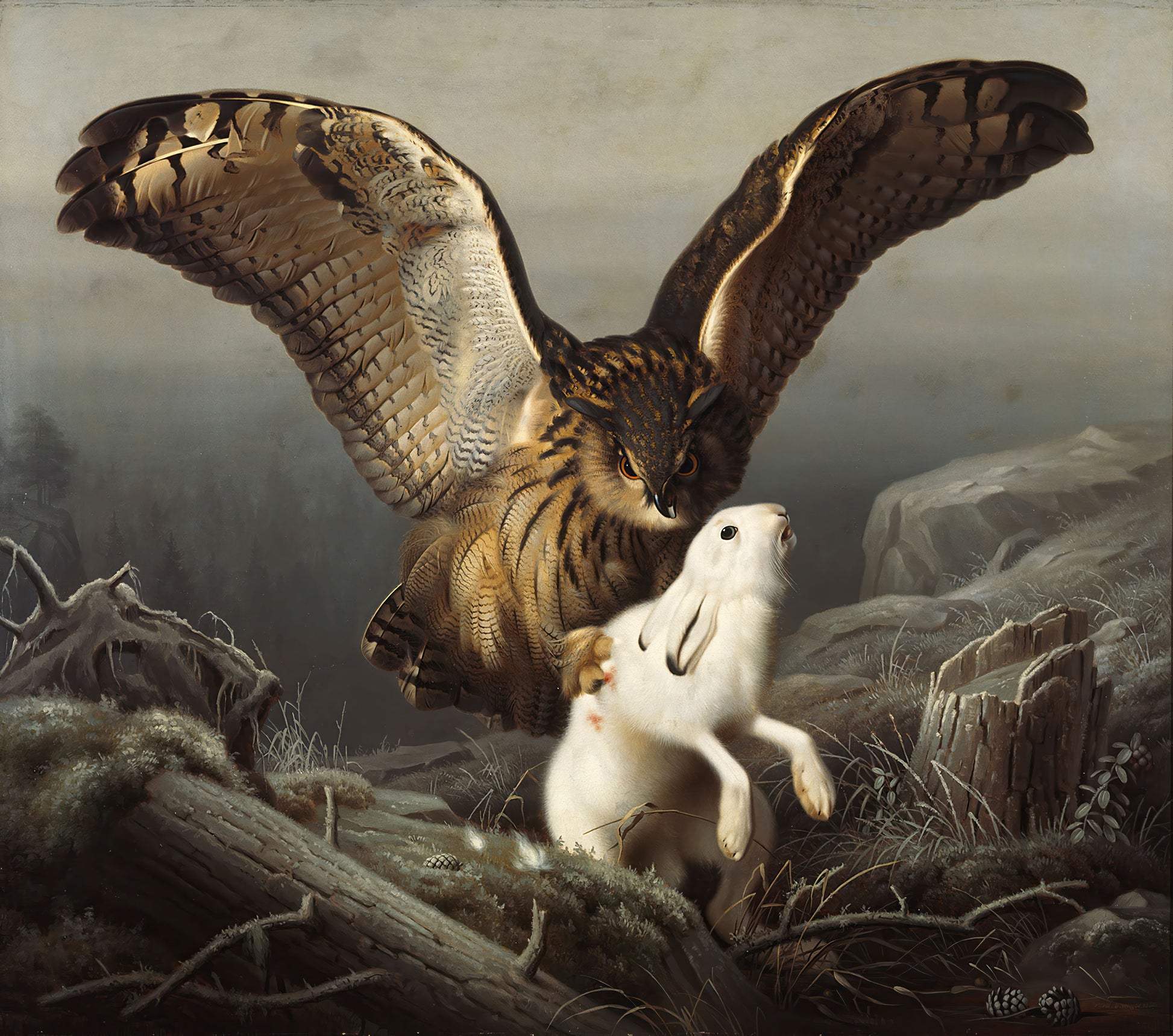Owl with outstretched wings approaching a rabbit in a natural landscape