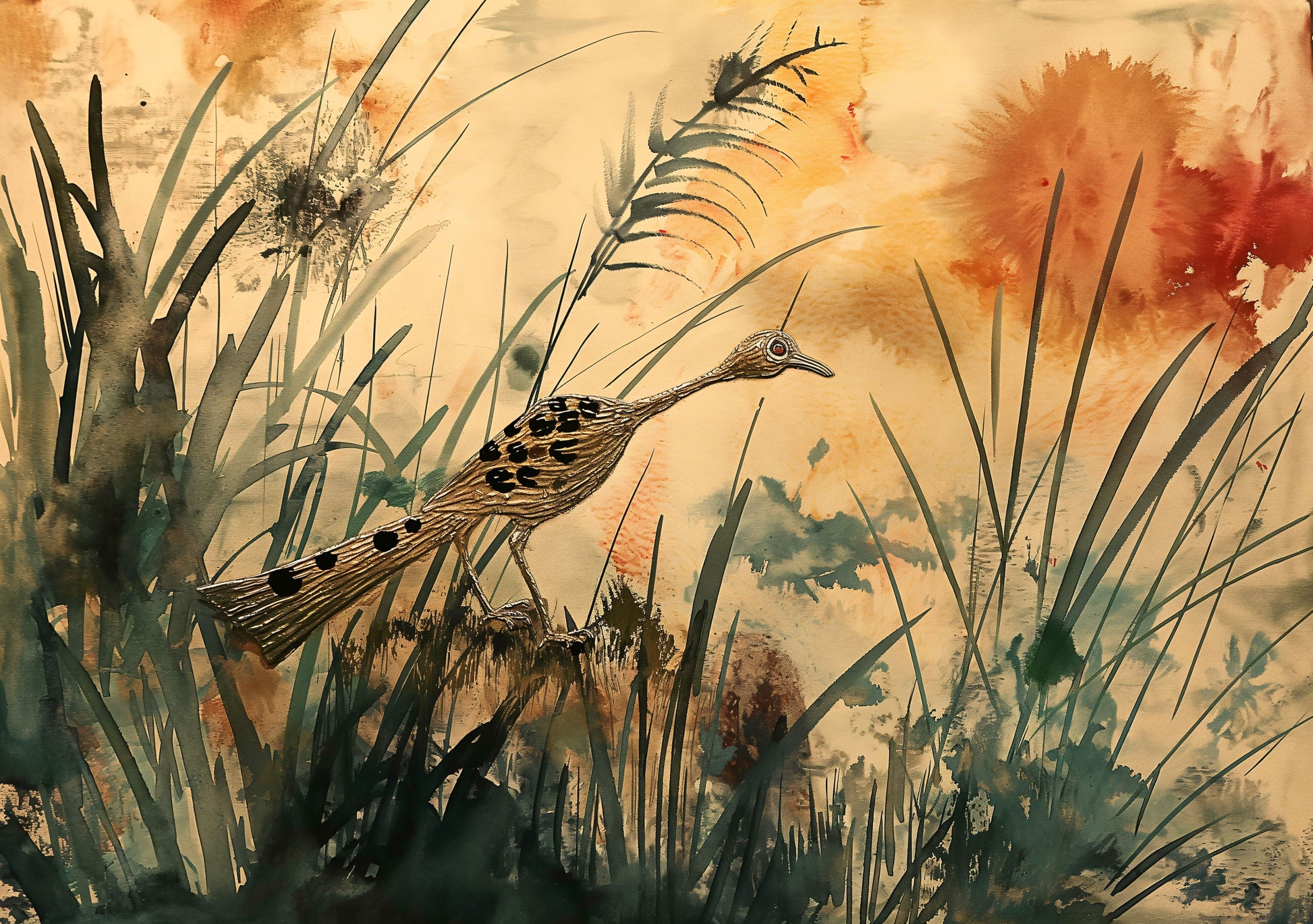 Artistic depiction of a bird among tall grasses with a warm color palette