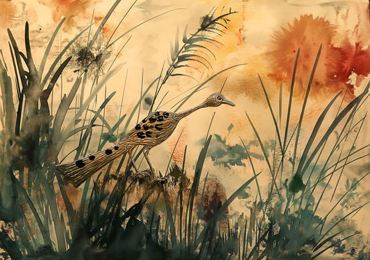 Artistic depiction of a bird among tall grasses with a warm color palette