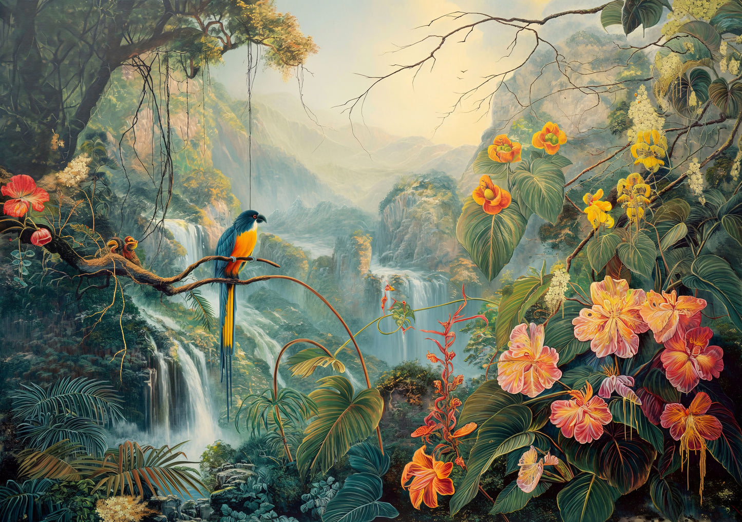Vibrant tropical scene with parrots, flowers, and waterfalls.