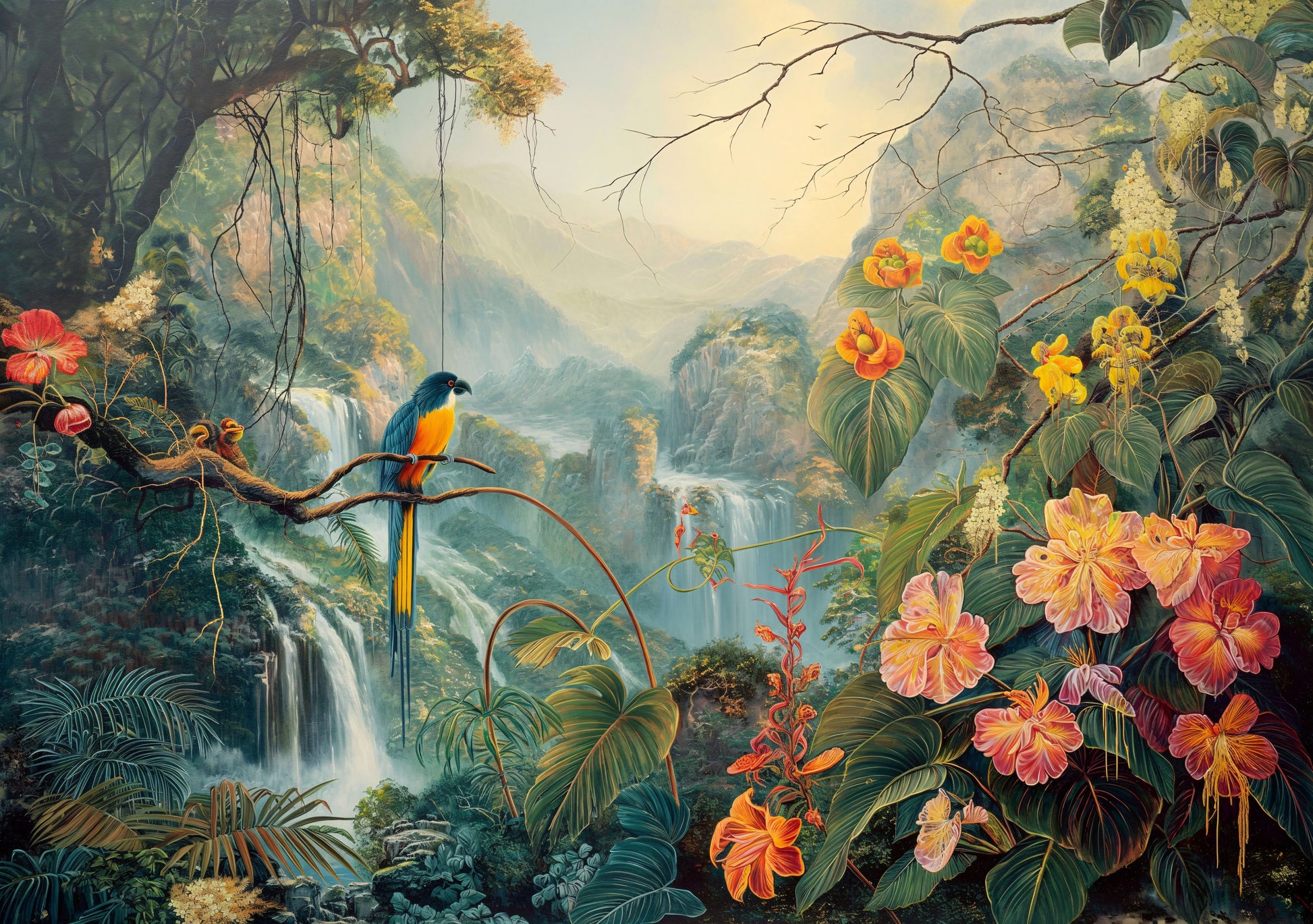 Vibrant tropical scene with parrots, flowers, and waterfalls.