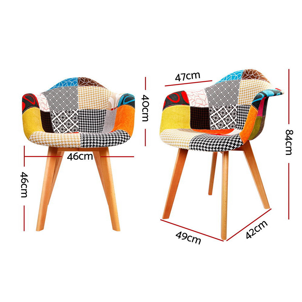 Pair of retro-style dining chairs with vibrant patchwork velvet upholstery, curved armrests, and beech wood legs, shown with .