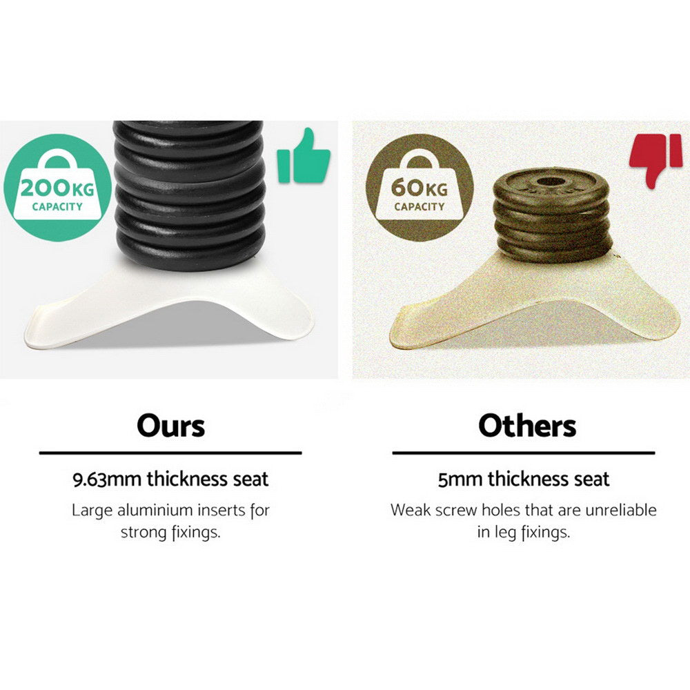 Close-up comparison of black chair leg bases with large aluminum inserts on left and thin screw holes on right, highlighting .