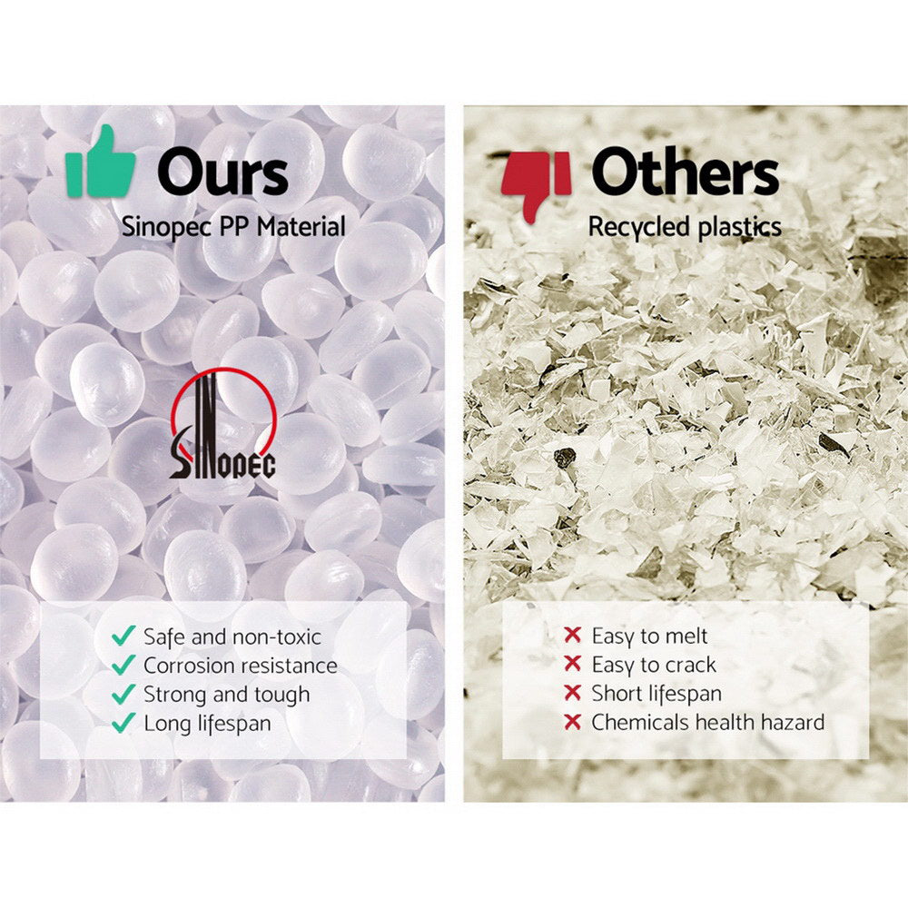 Comparison chart highlighting Sinopec PP material with clear, round pellets on left and recycled plastic flakes in beige.