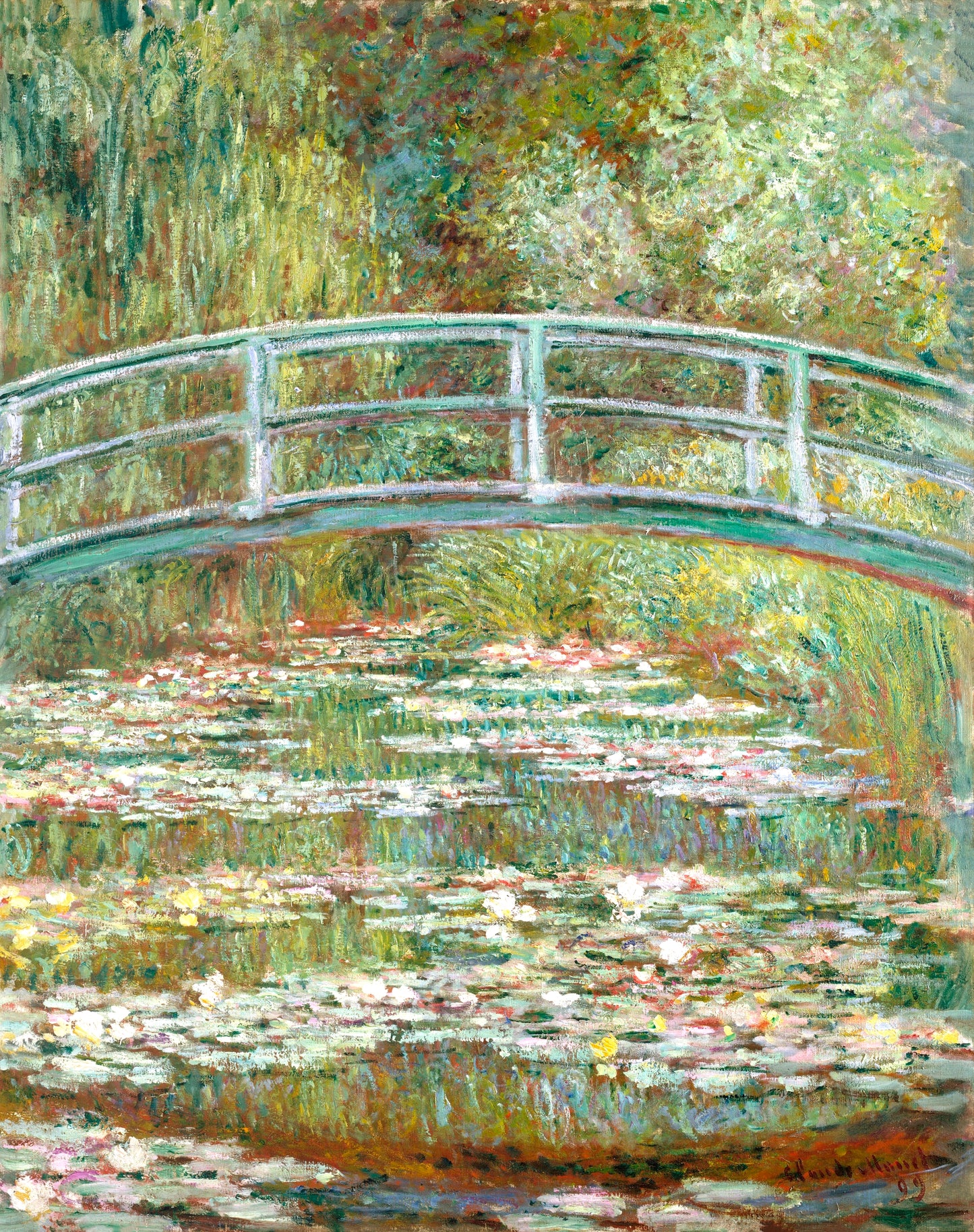 Painting of a bridge over water lilies with a blurred background