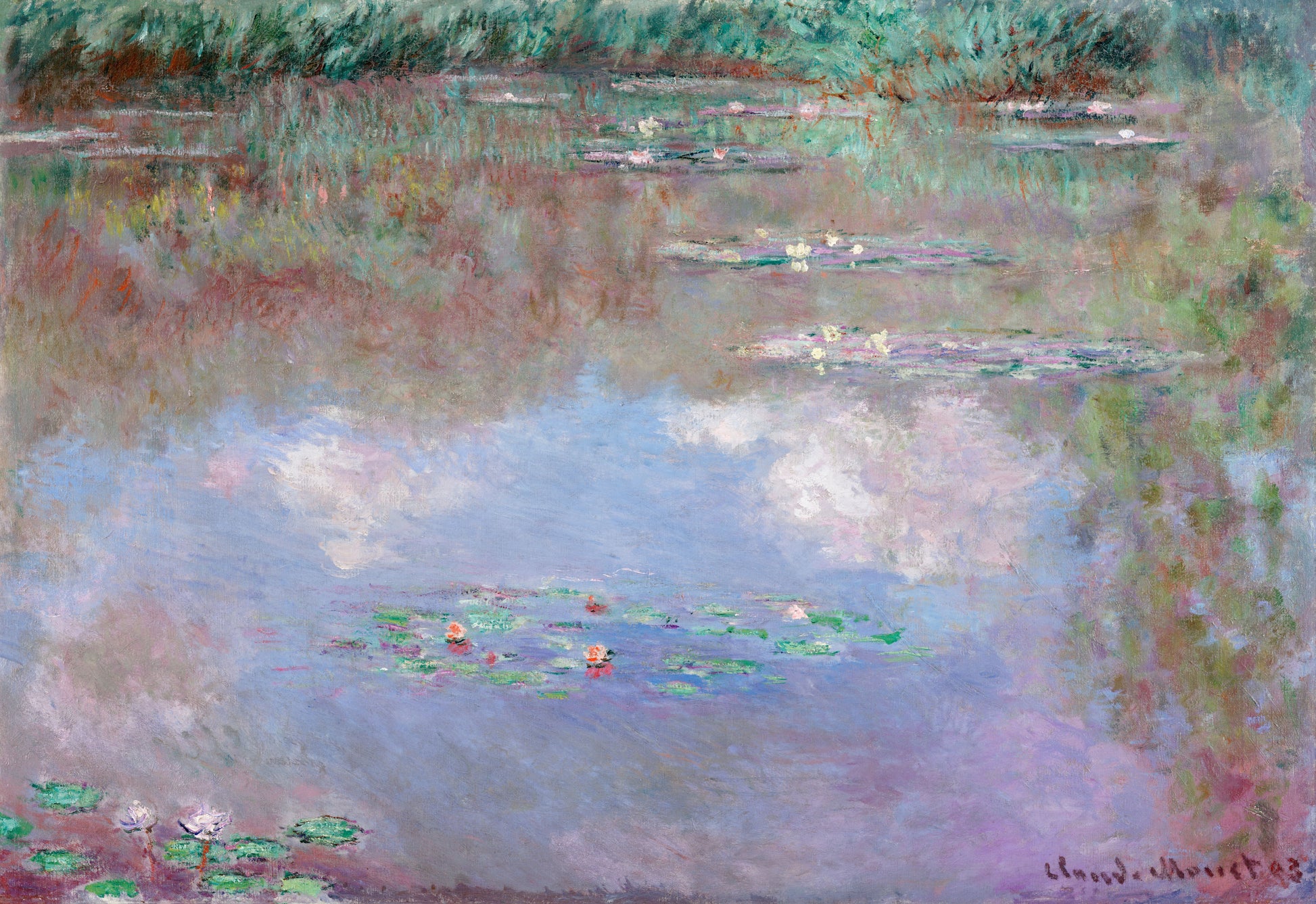 Painting of water lilies and reflections on a pond by Claude Monet