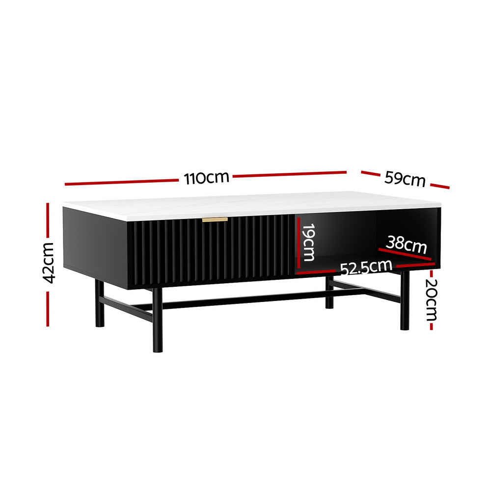 Black retro coffee table with vintage-style ribbed drawer and open shelf on slender metal legs, modern Australian home decor .