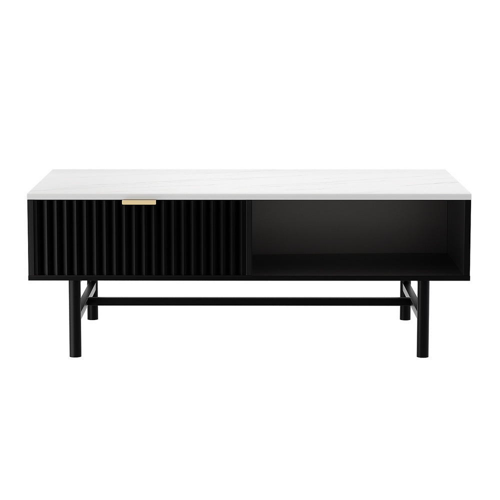 Black retro coffee table with a ribbed drawer and smooth storage compartment, matte finish, minimalist metal legs, modern.