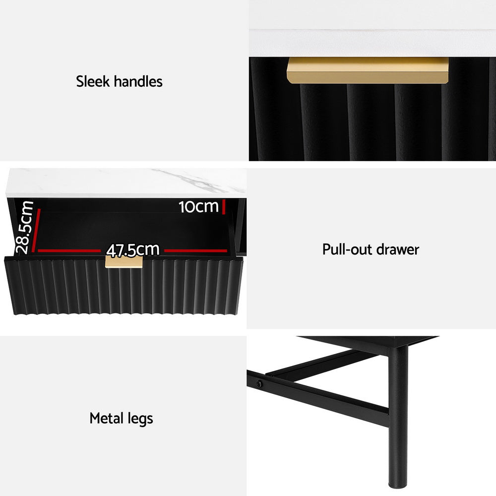 Black retro coffee table drawer with velvet front panel, sleek gold handle, and black metal legs, vintage style for.